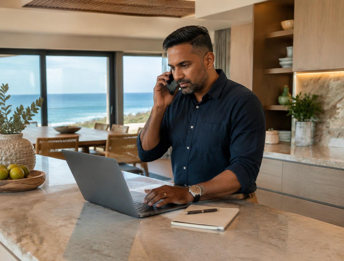 Property manager resolving a booking question by phone in a coastal villa