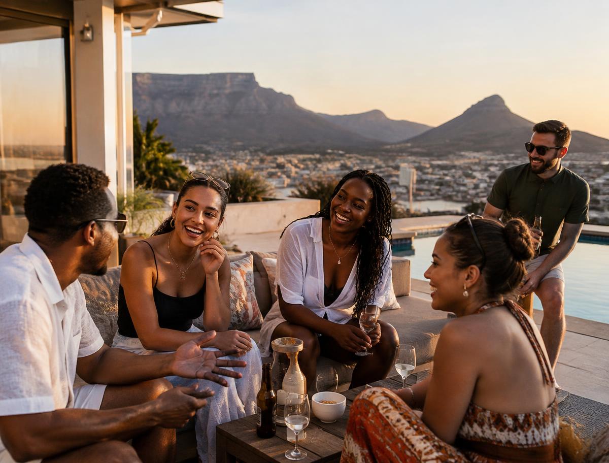 Guests relaxing on a Cape Town villa patio at sunset